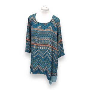 One World Women’s Asymmetrical Tunic Top Bohemian Hippie Vibrant Geometric 3X